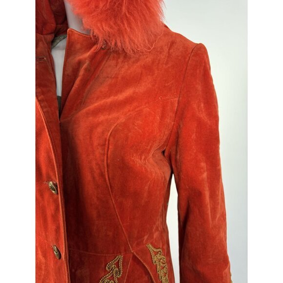 Vintage 70s Red Velvet Penny Lane Coat W/ Gold Embroidery & faux Fur Trim Hood - Picture 15 of 16